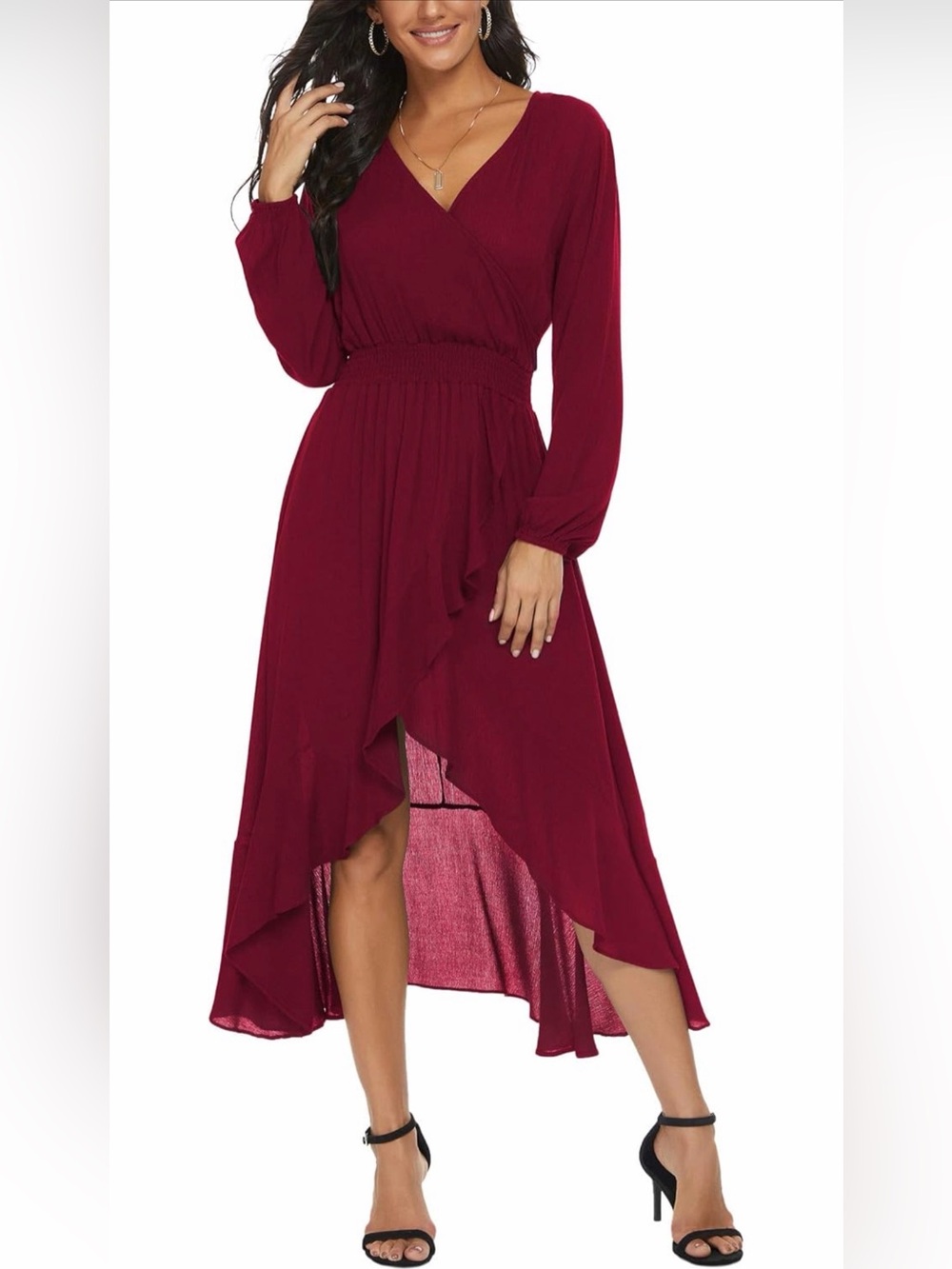 NWT Kormei Elegant Wine Red High-Low Wrap Dress with Smocked Waist, M